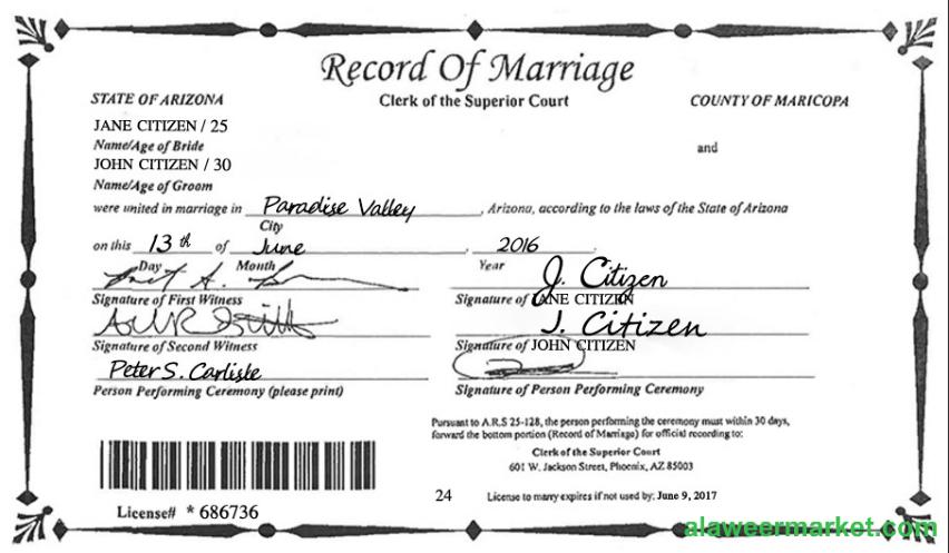 USA Arizona state marriage certificate template in PSD format